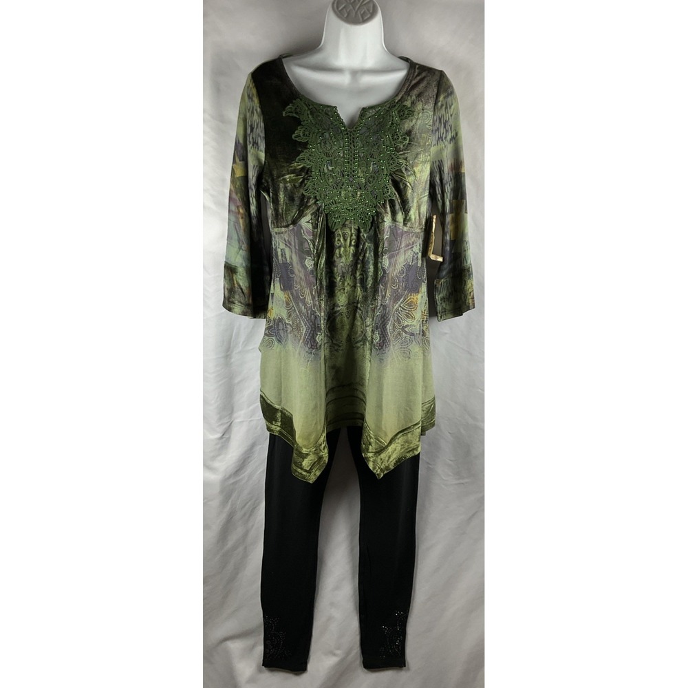 One World Women's‎ XS Tunic Top  & Leggings Set Green Velvet Boho Asymmetric Hem